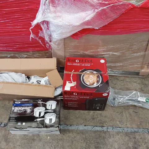 PALLET OF ASSORTED ITEMS INCLUDING: INSTANT POT MULTI-COOKER + AIRFRYER, DIGITAL MICROWAVE, ELECTRIC CLOTHES DRYER, STELLAR 3 PIECE STAINLESS STEEL SAUCEPAN SET, SENQI BIKE HANDLEBAR 