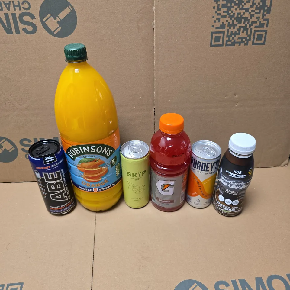 APPROXIMATELY 12 ASSORTED DRINKS TO INCLUDE PURDEYS ORANGE & MANGO, GATORADE FRUIT PUNCH, SKIP CBD, ETC - COLLECTION ONLY