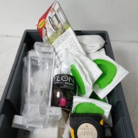 APPROXIMATELY 10 ASSORTED HOUSEHOLD ITEMS INCLUDING FABRIC DYE, TAPE MEASURE, DOOR STOP WEDGE ALARM ETC.