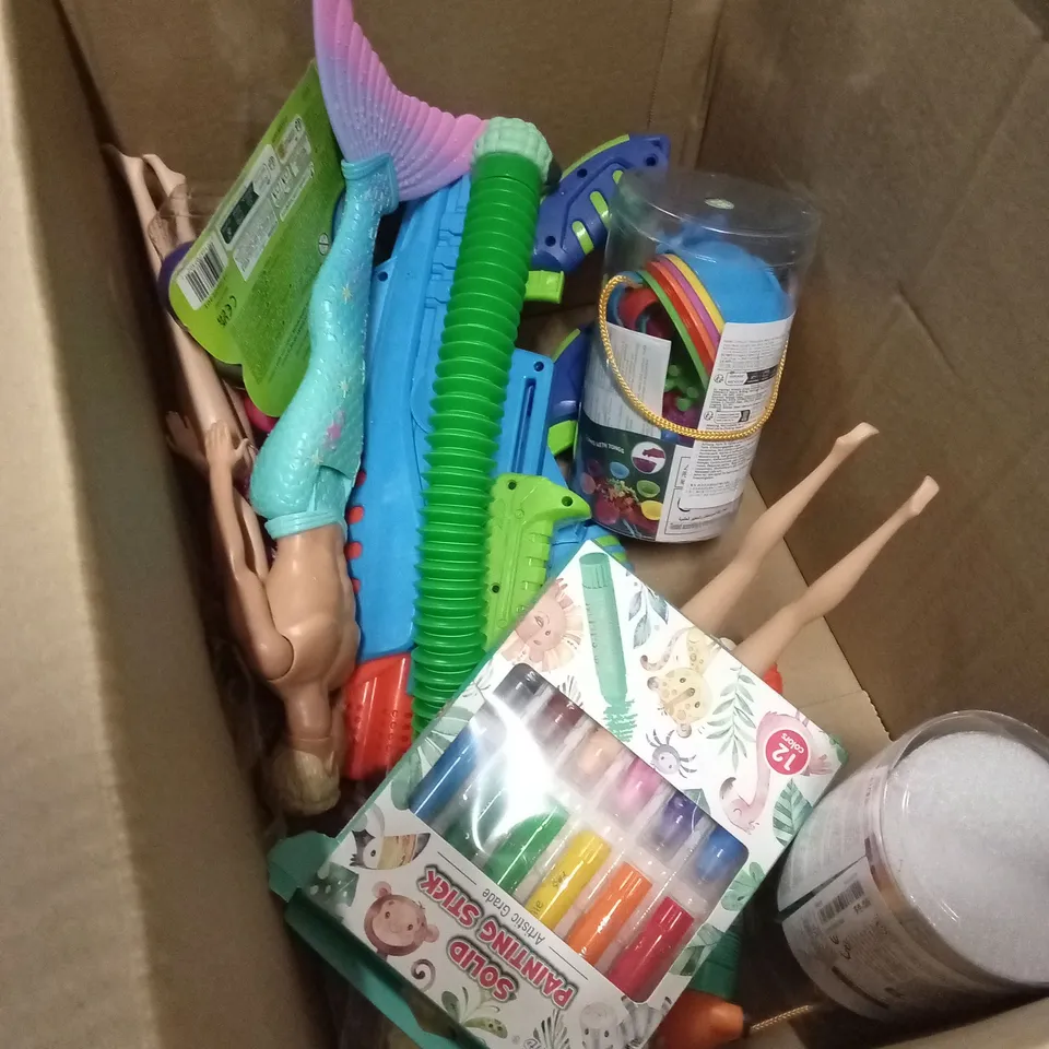 BOX OF APPROXIMATELY 18 ASSORTED HEALTH AND BEAUTY PRODUCTS TO INCLUDE; SOFT TOYS, PLASTIC DOLLS, MILITARY AIRCRAFT TOYS ETC