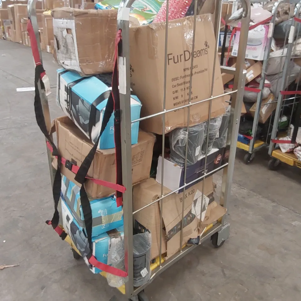CAGE OF ASSORTED CONSUMER PRODUCTS/FURNITURE PARTS INCLUDING: YOGA MAT, SWIMMING POOL, PET CAR SEATS ECT // CAGE NOT INCLUDED 