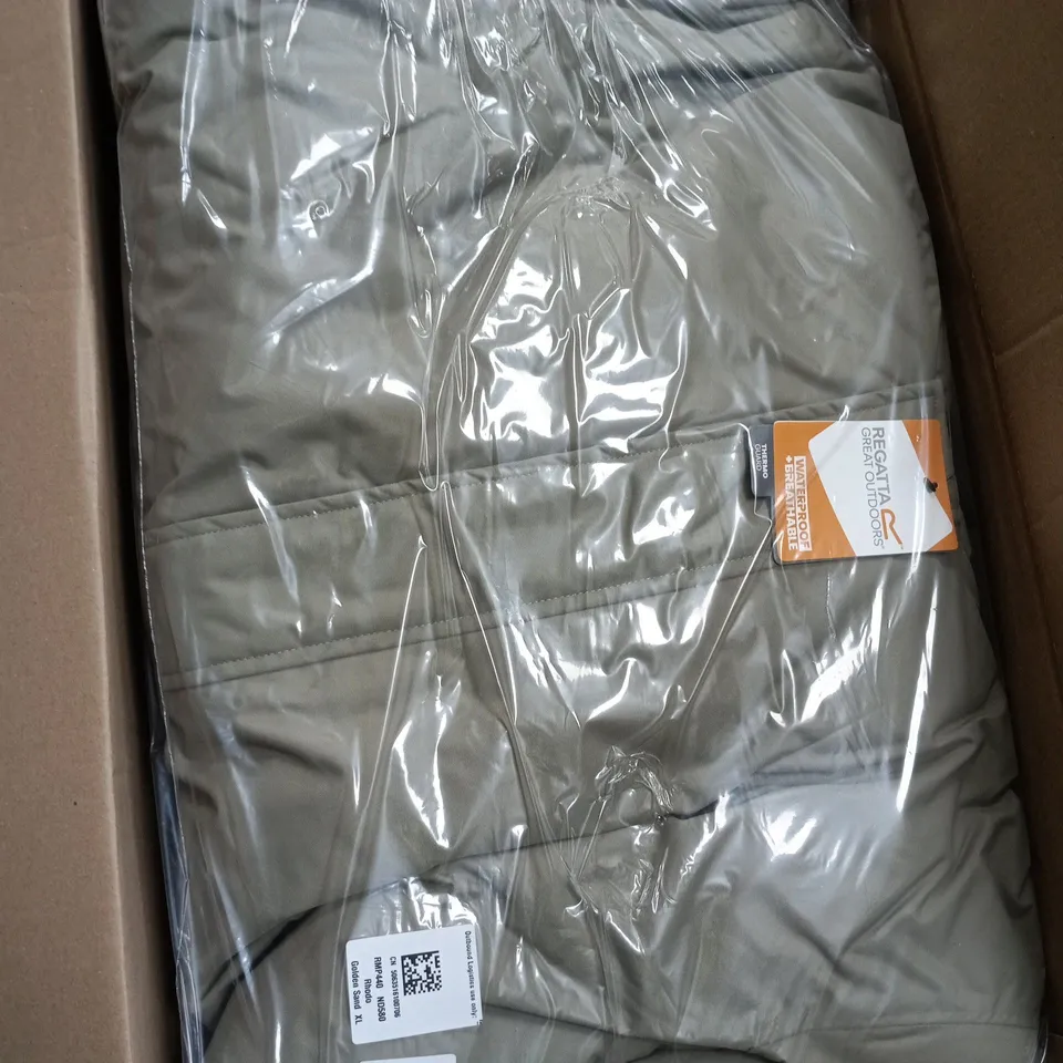 BOX OF APPROXIMATELY 18 BRAND NEW ASSORTED REGATTA CLOTHING AND FOOTWEAR ITEMS IN VARIOUS STYLES , COLOURS AND SIZES INCLUDING RHODO COAT , DAIRY TROUSER AND FINGEL T SHIRT