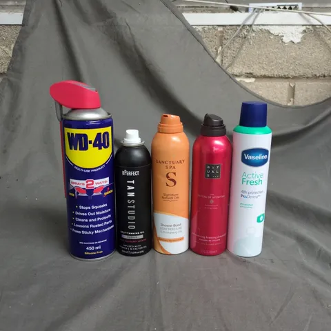 APPROXIMATELY 15 ASSORTED AEROSOLS TO INCLUDE WD40, BPERECT SELF TANNING OIL SPRAY AND VASELINE ACTIVE FRESH DEODORANT