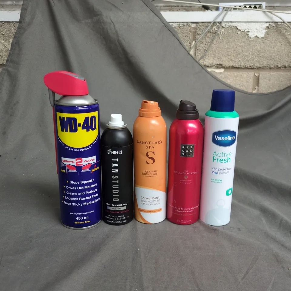 APPROXIMATELY 15 ASSORTED AEROSOLS TO INCLUDE WD40, BPERECT SELF TANNING OIL SPRAY AND VASELINE ACTIVE FRESH DEODORANT