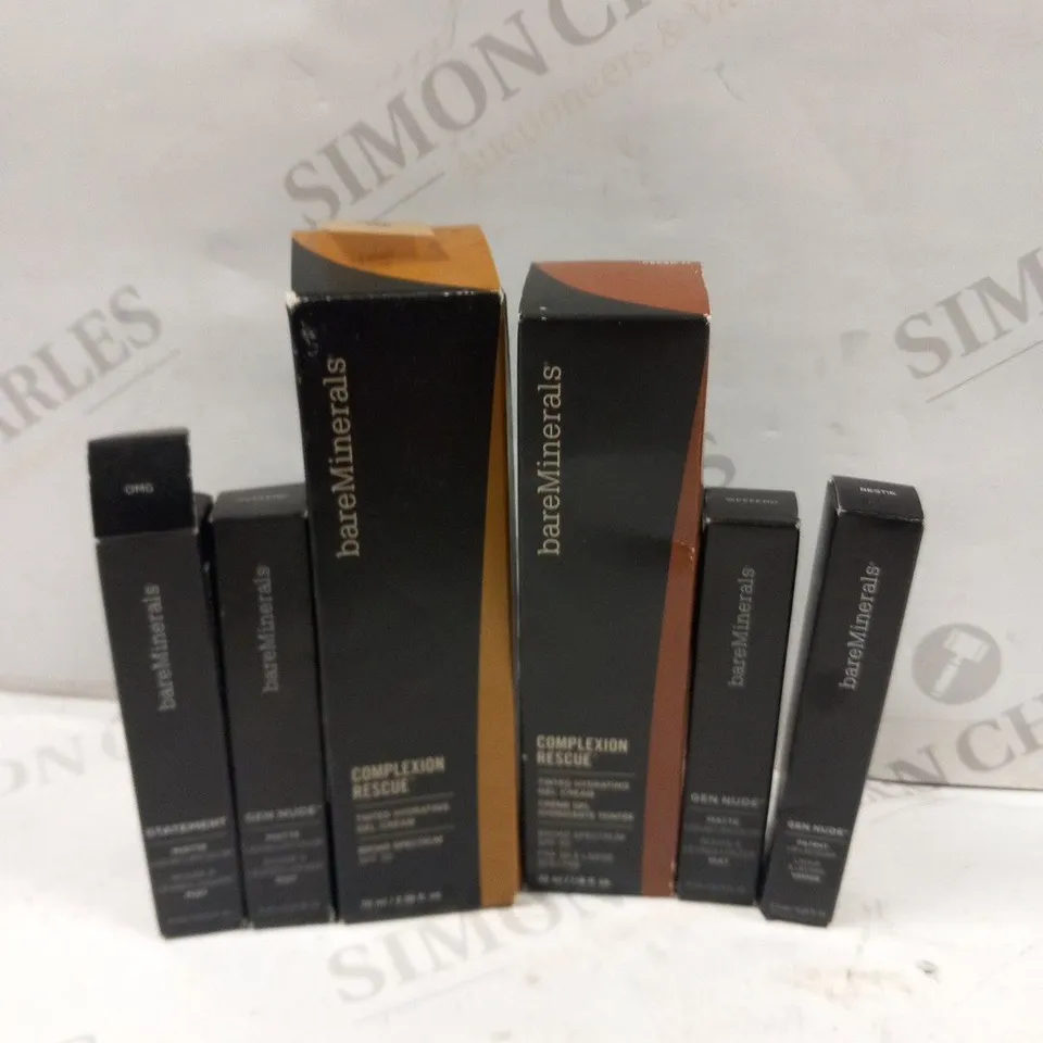 6 ASSORTED BARE MINERALS PRODUCTS TO INCLUDE; COMPLEXION RESCUE AND GEN NUDE MATTE LIQUID LIP COLOUR
