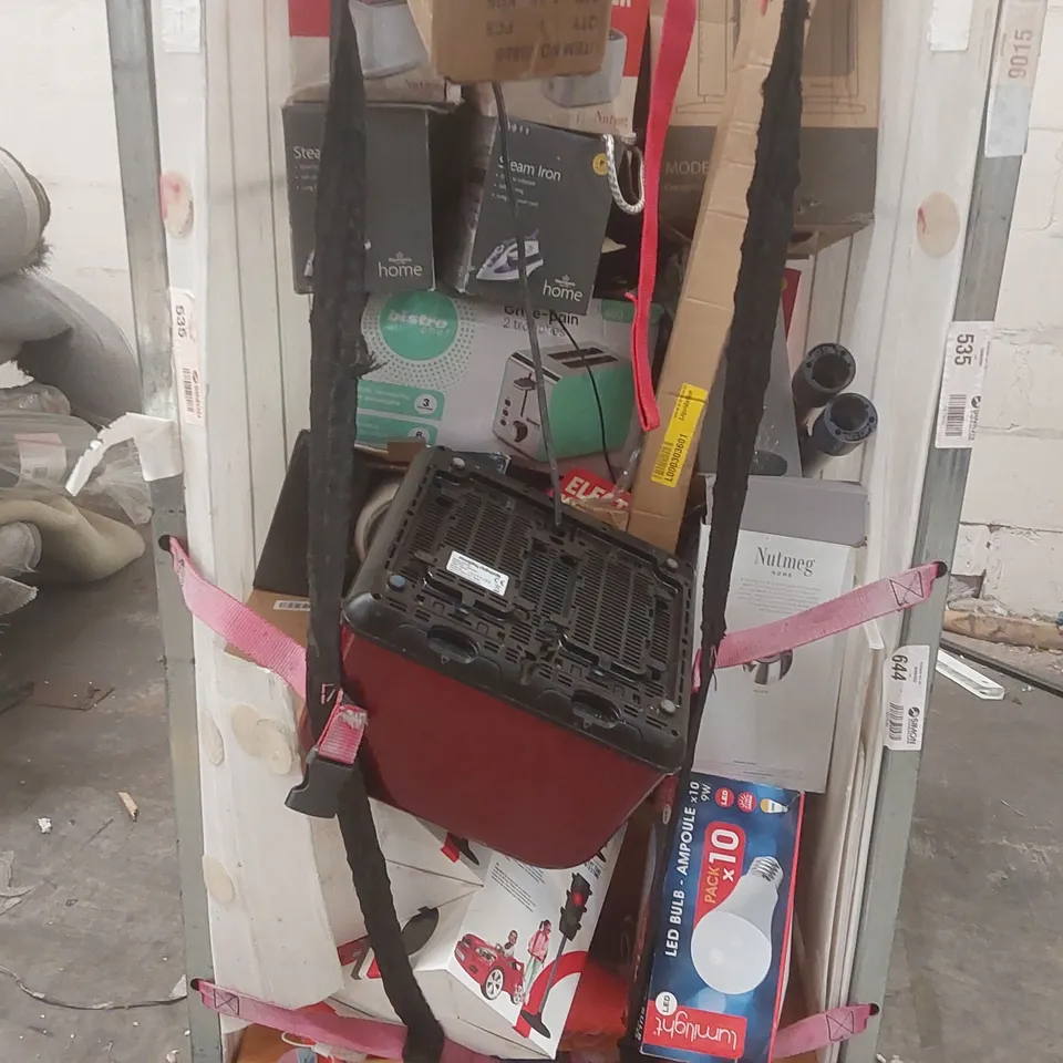 CAGE CONTAINING A LARGE QUANTITY OF ASSORTED ITEMS INCLUDING: MORPHY RICHARDS TOASTER, STEAM IRONS, SANDWICH TOASTER, CERAMIC TOWER HEATER ECT // CAGE NOT INCLUDED