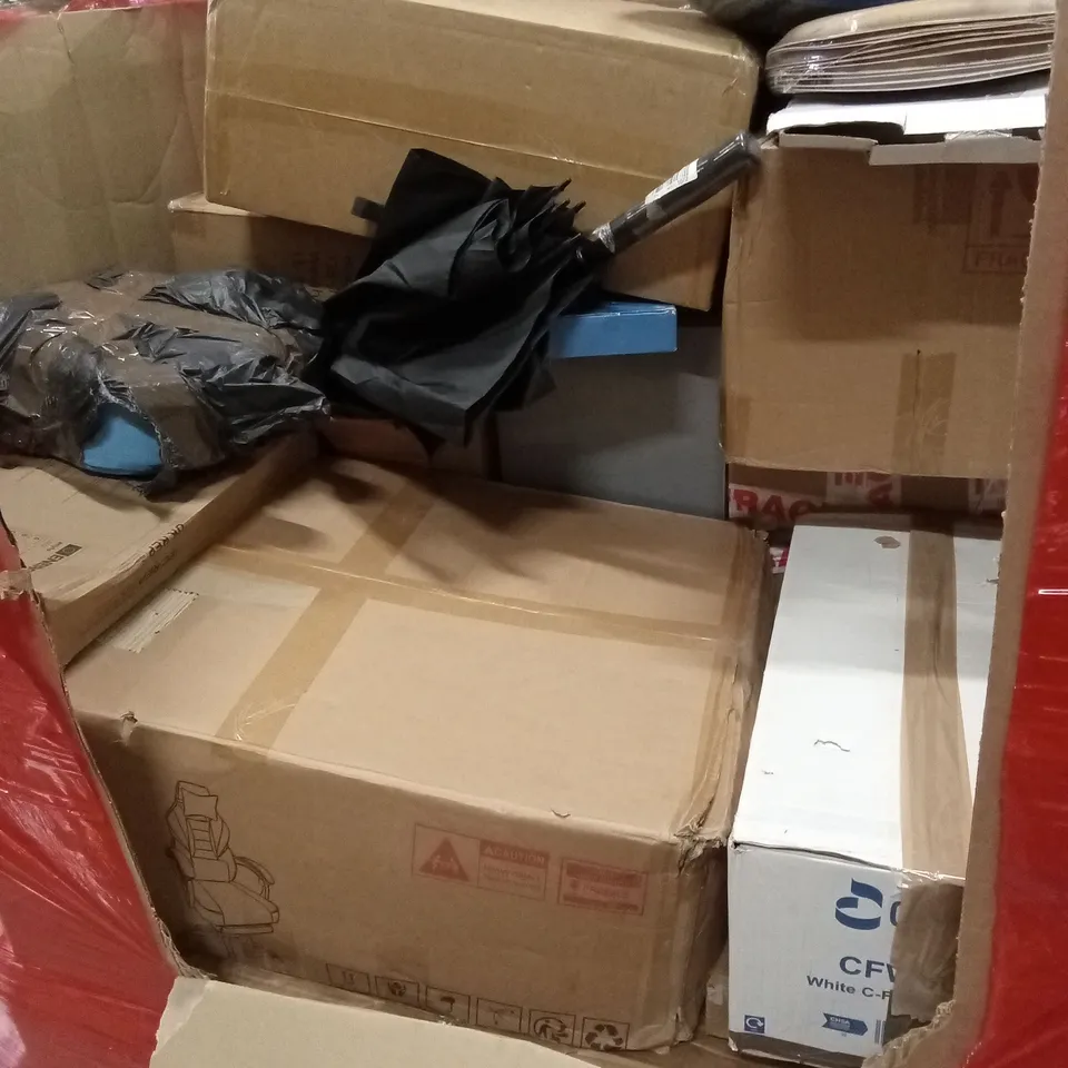 PALLET OF ASSORTED HOUSEHOLD GOODS AND PRODUCTS TO INCLUDE; OFFICE CHAIRS, AIR FRYER, BABY PLAY MAT, STAND HAIR DRYER ETC
