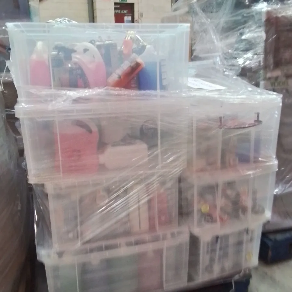 PALLET CONTAINING A LARGE QUANTITY OF ASSORTED LIQUID BASE PRODUCTS TO INCLUDE;DE-ICER,WEEDKILLER,GEL BIKE CLEANER 