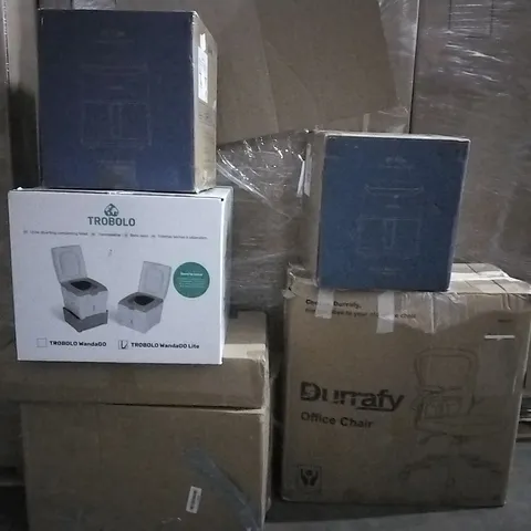 PALLET CONTAINING VARIOUS BOXED ASSORTED ITEMS TO INCLUDE: TROBOLO TRAVEL LOO, AIR FRYERS, OFFICE CHAIR ETC.