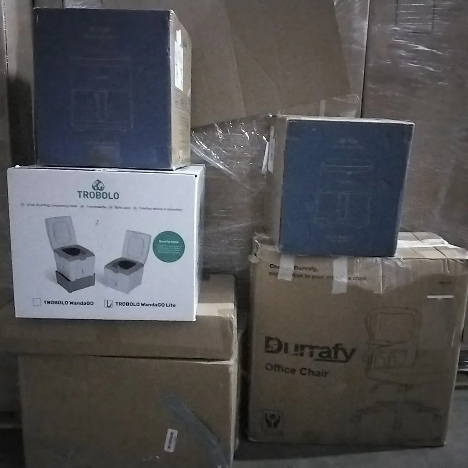 PALLET CONTAINING VARIOUS BOXED ASSORTED ITEMS TO INCLUDE: TROBOLO TRAVEL LOO, AIR FRYERS, OFFICE CHAIR ETC.