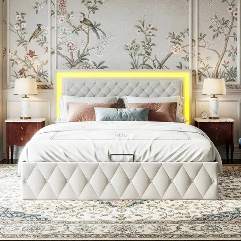 BOXED EUROPEAN KING (160 x 200cm) VELVET OTTOMAN BED, GLAM UPHOLSTERED (2 BOXES)