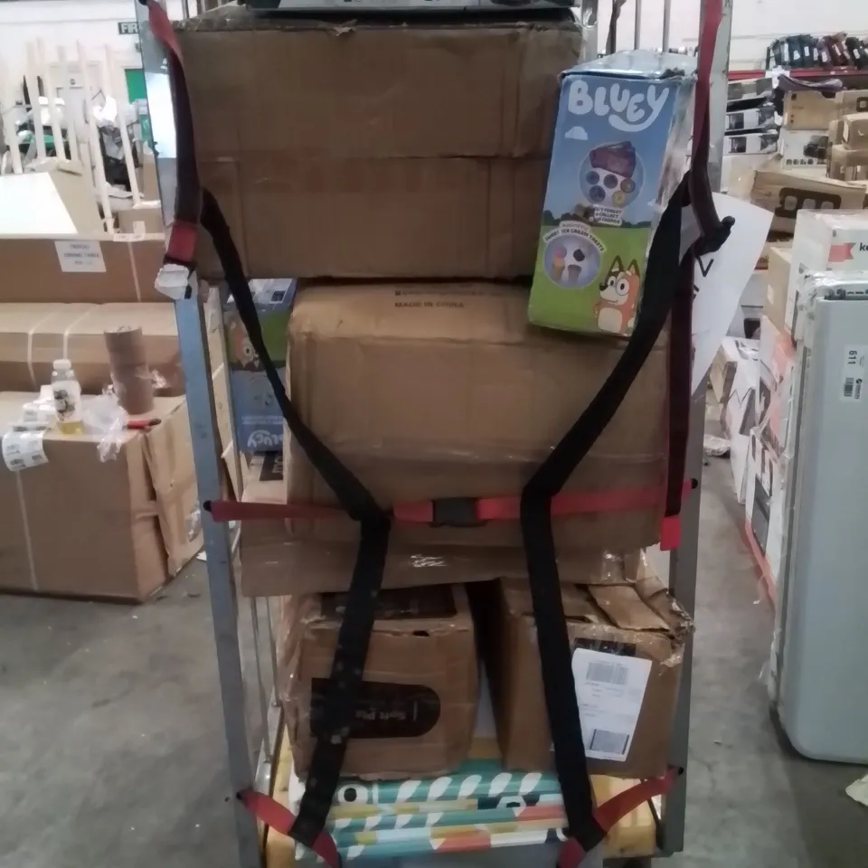 CAGE OF ASSORTED HOUSEHOLD GOODS AND PRODUCTS TO INCLUDE;AIR FRYER,SUITCASE,HEATED THROW PLAY MATS