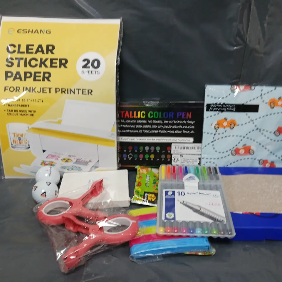 APROXIMATELY 12 ASSORTED HOUSEHOLD ITEMS TO INCLUDE CLEAR STICKER PAPER, TRIPLUS FINELINER, GOLFBALLS, ETC