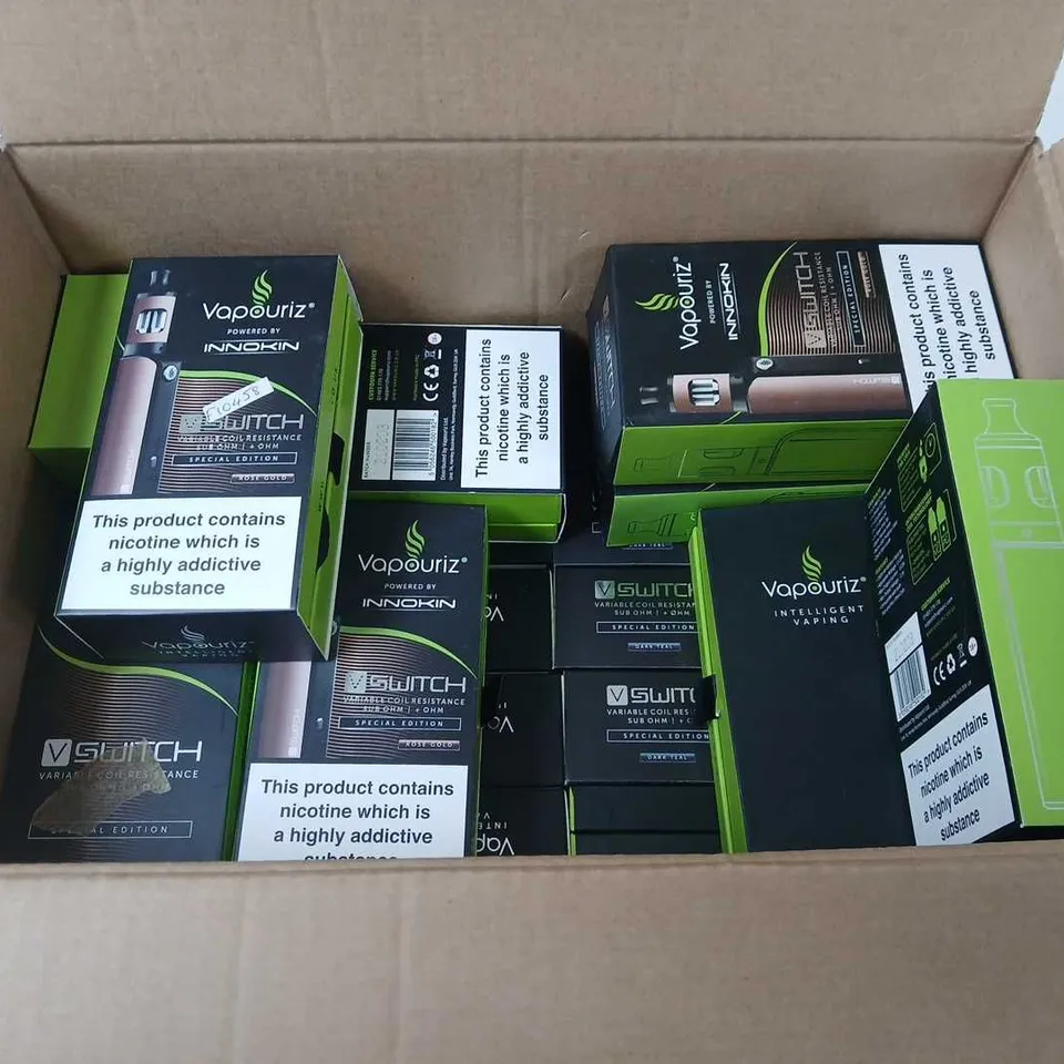 BOX OF APPROXIMATELY 30 ASSORTED E-CIGARETTES AND COMPONENTS TO INCLUDE: ASSORTED VAPOURIZ DEVICE KITS 
