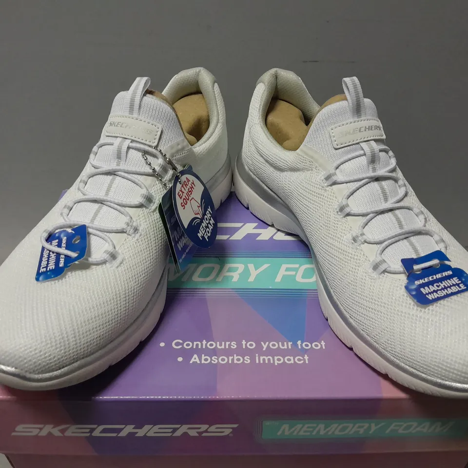 BOXED PAIR OF SKECHERS SUMNMITS SLIP ONS IN WHITE - UK 5