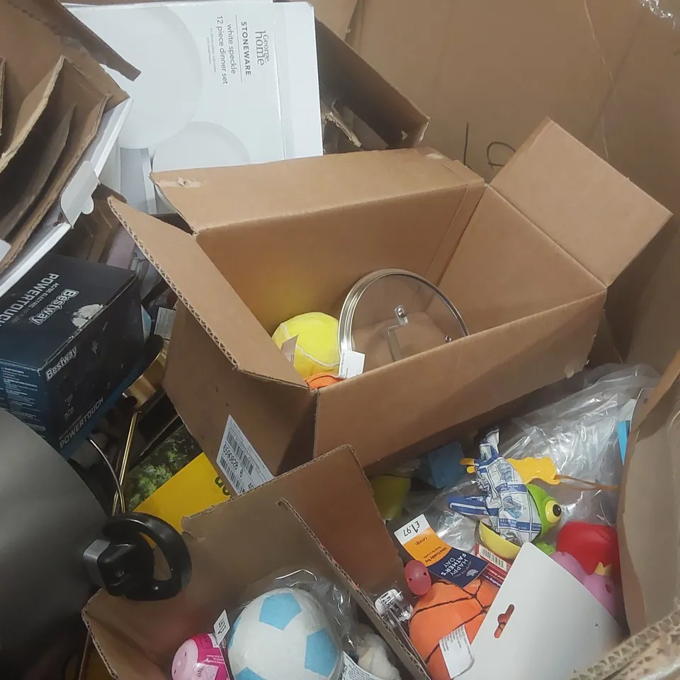 PALLET CONTAINING A VERY LARGE QUANTITY OF ASSORTED CONSUMER PRODUCTS INCLUDING: BESTWAY ELECTRIC AIR PUMP, DINNERWARE, SOFT TOYS, POTS & PANS ECT