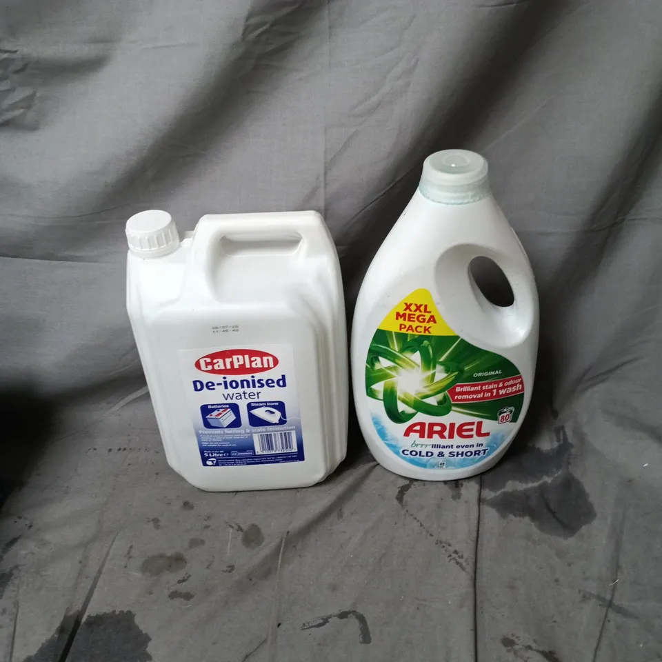5 ASSORTED HOUSEHOLD ITEMS INCLUDING CAR PLAN DE-IONISED WATER 5L AND ARIEL ORIGINAL 80 WASHES
