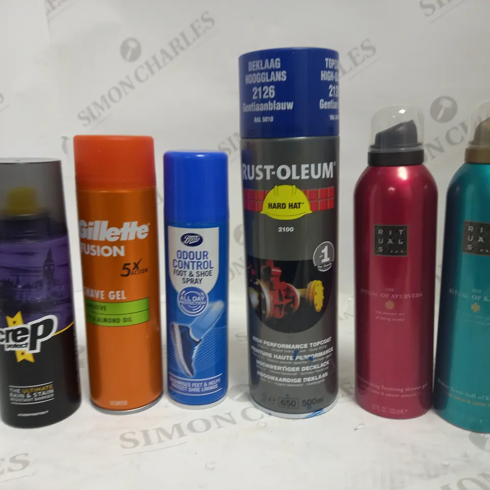 LOT OF APPROXIMATELY 20 ASSORTED AEROSOLS, TO INCLUDE RITUALS, SHAVE GEL, RUST-OLEUM, ETC - COLLECTION ONLY