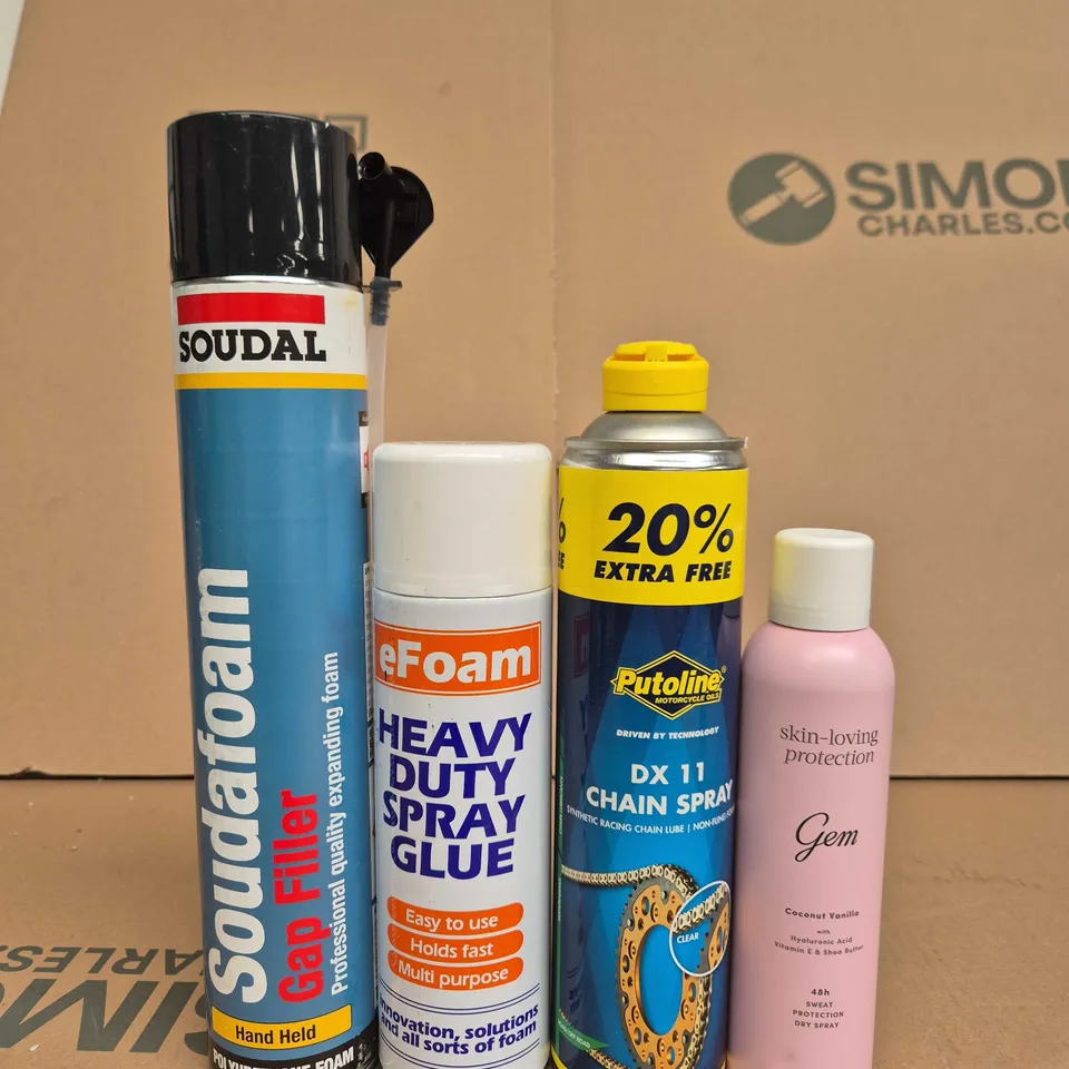 APPROXIMATELY 15 ASSORTED AEROSOLS TO INCLUDE DRY SPRAY , CHAIN SPRAY AND SPRAY GLUE