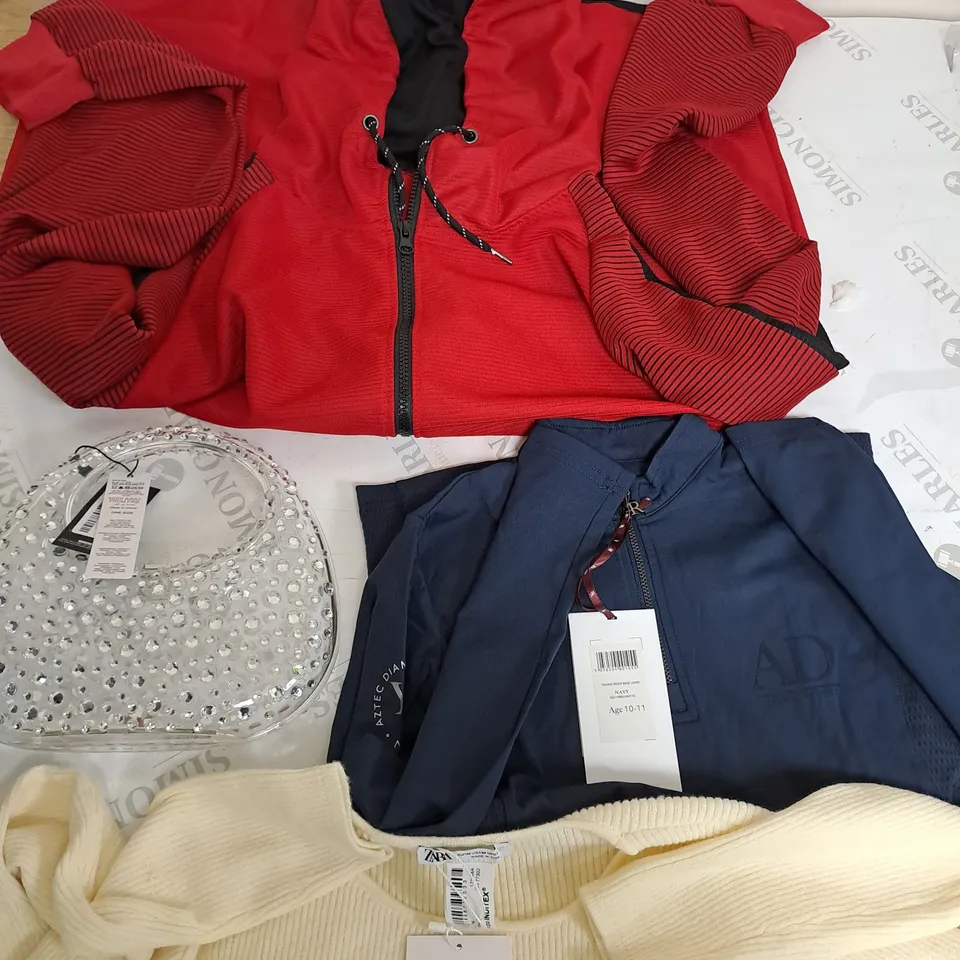 BOX OF APPROXIMATELY 20 ASSORTED CLOTHING ITEMS TO INCUDE - BAG, JUMPERS , T-SHIRTS , TROUSERS,ECT 