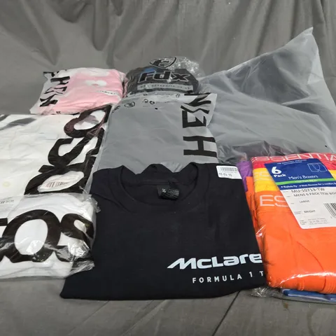 LARGE BOX OF ASSORTED CLOTHING ITEMS IN VARIOUS COLOURS, SIZES AND STYLES