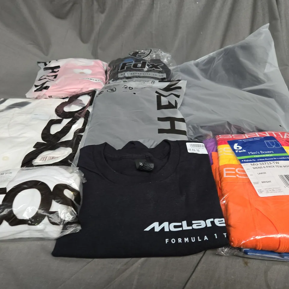 LARGE BOX OF ASSORTED CLOTHING ITEMS IN VARIOUS COLOURS, SIZES AND STYLES