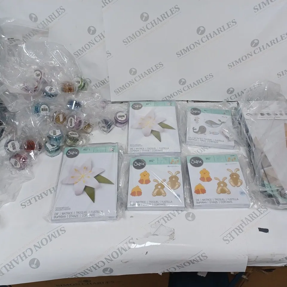 APPROXIMATELY 15 SIZZIX CRAFTING ITEMS TO INCLUDE THINLITS DIE, SCOREBOARDS, AND GLITTER ETC. 