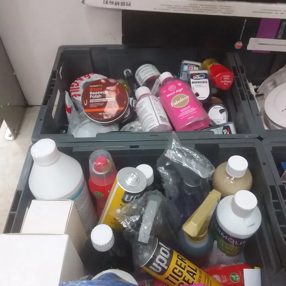 4 TOTES OF ASSORTED ITEMS INCLUDING, PAINTING SUPPLIES, CLEANING PRODUCTS, SMOKE ALARM AND UNDER CABINET LIGHT 