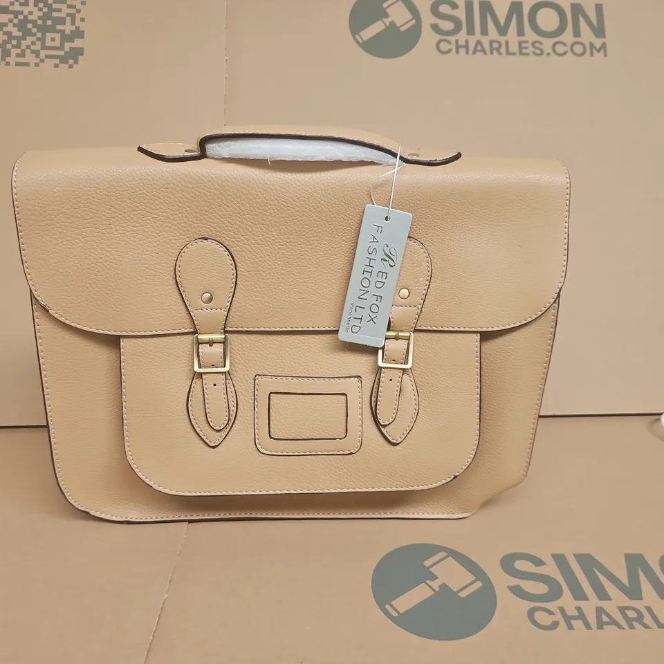 TAN LEATHER SATCHEL BAG WITH BUCKLE-FRONT FLAP AND TOP HANDLE