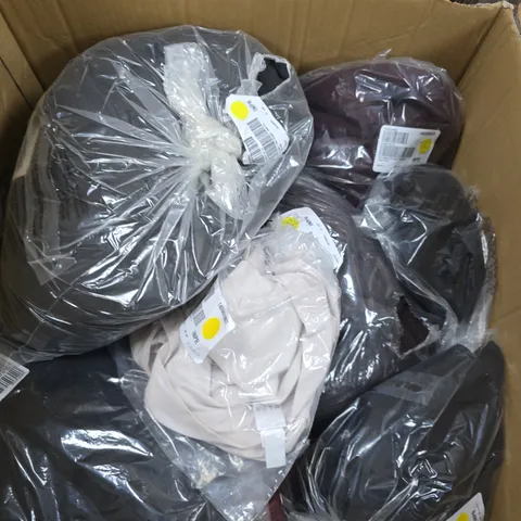LARGE BOX OF APPROX 15 ASSORTED CLOTHING ITEMS IN VARIOUS COLORS , STYLES AND SIZES