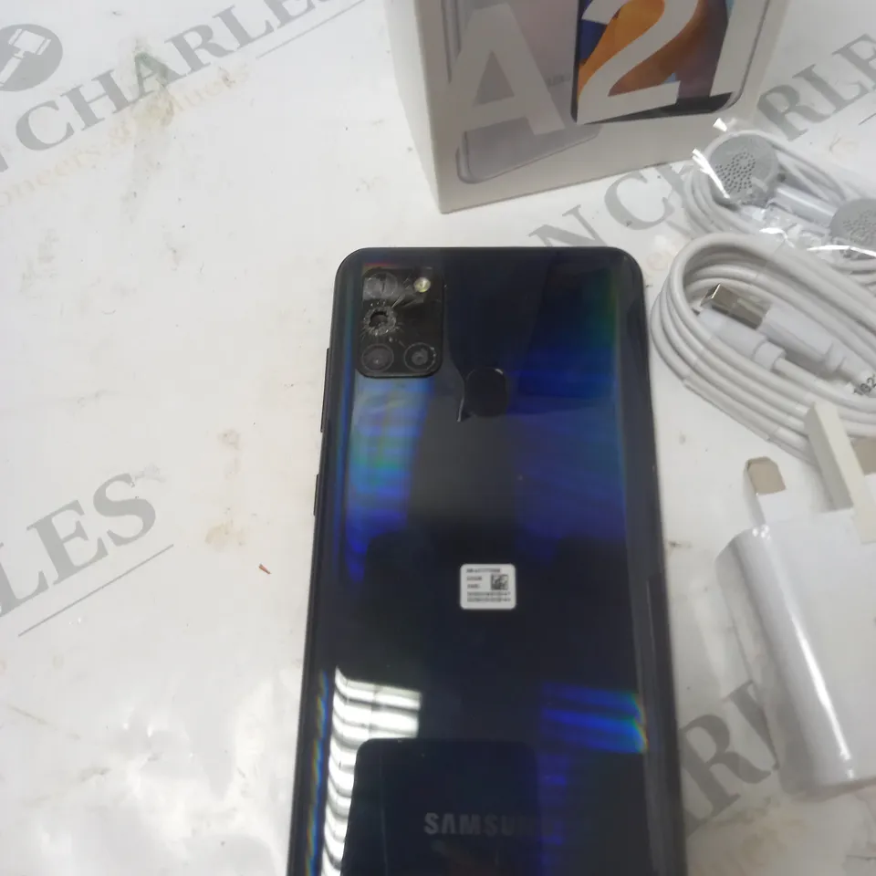 BOXED SAMSUNG A21 PHONE WITH HEADPHONES AND CHARGER