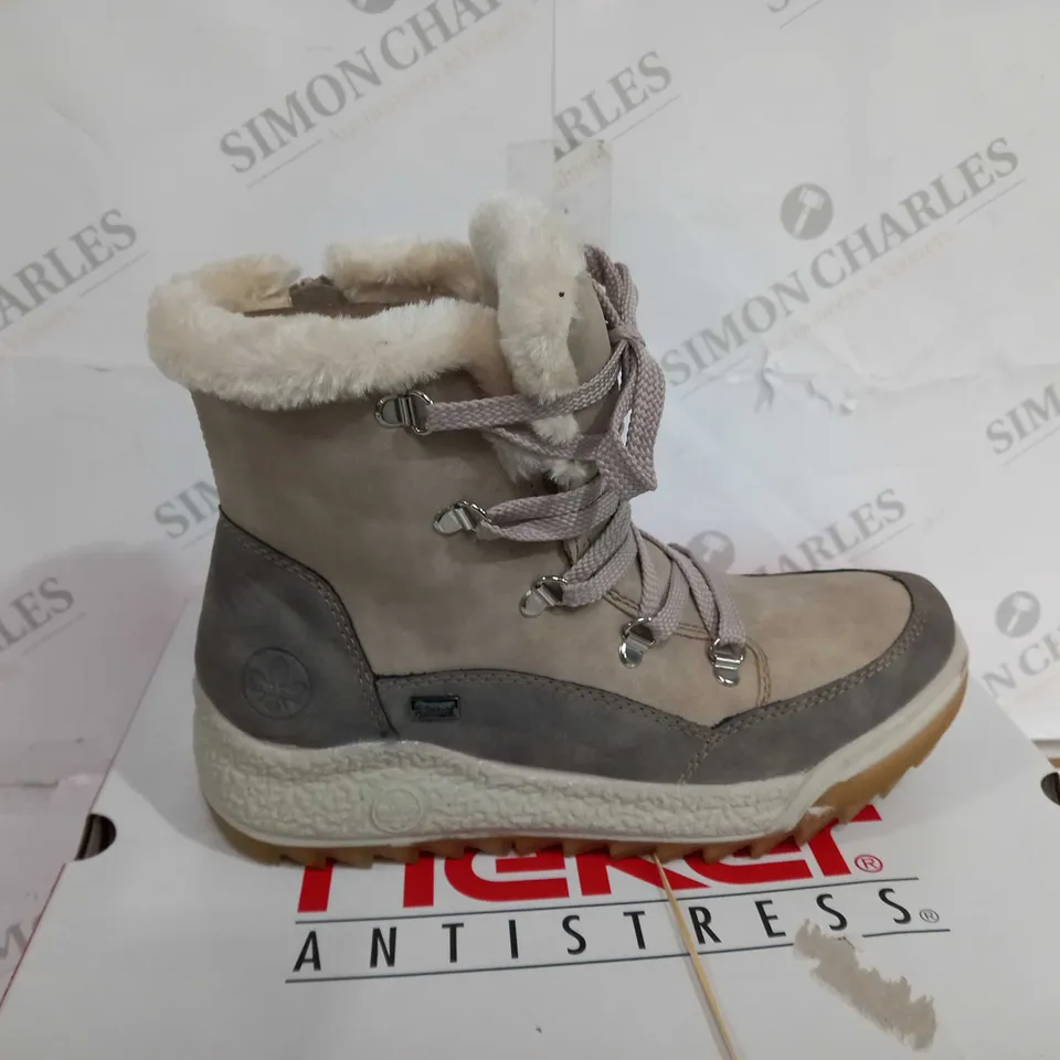 BOXED PAIR OF RIEKER ANTISTRESS WARM HIKING BOOTS, CREAM - SIZE 6