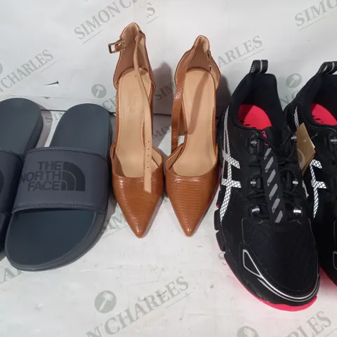 BOX OF APPROXIMATELY 20 ASSORTED PAIRS OF SHOES IN VARIOUS STYLES TO INCLUDE ASICS, TRUFFLE COLLECTION, THE NORTH FACE, ETC