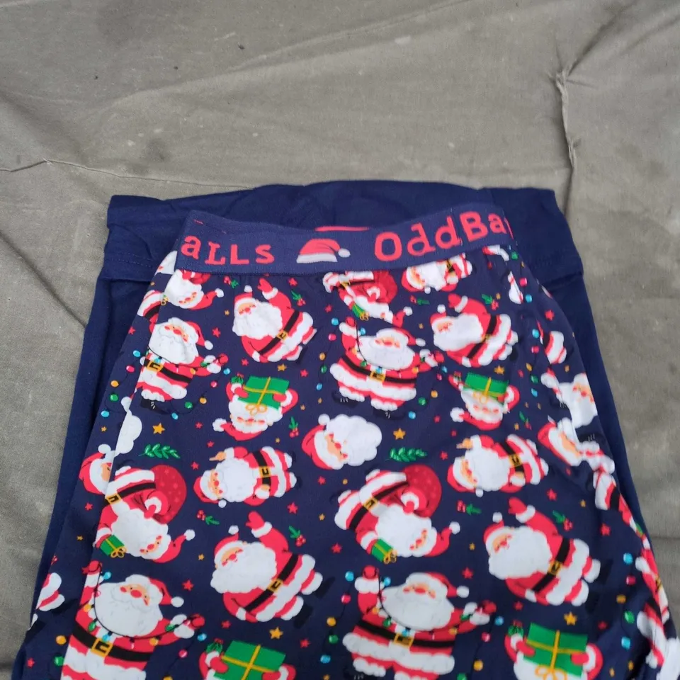 ODDBALLS CHRISTMAS PYJAMA SET – NAVY TOP WITH SANTA PRINT AND MATCHING SANTA PATTERN BOTTOMS, UK LARGE