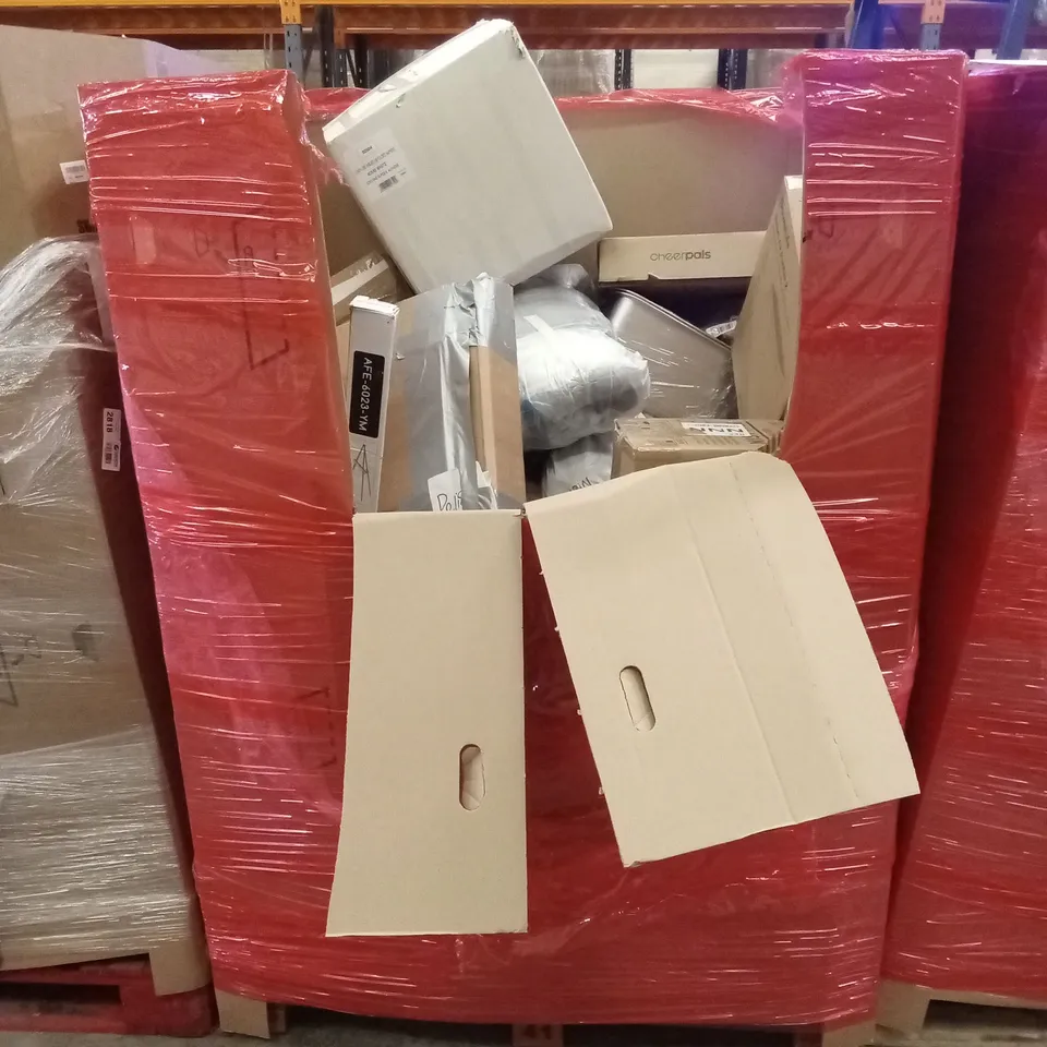 PALLET OF ASSORTED HOUSEHOLD GOODS AND PRODUCTS TO INCLUDE; MIST FAN, AIR PURIFIER, BOXED FURNITURE ETC