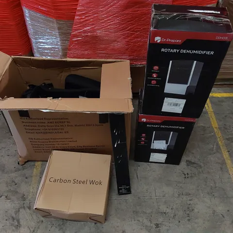 PALLET OF ASSORTED ITEMS INCLUDING: DR.PREPARE ROTARY DEHUMIDIFIERS, OFFICE CHAIR, LED METEORITE LIGHT, CARBON STEEL WOK 