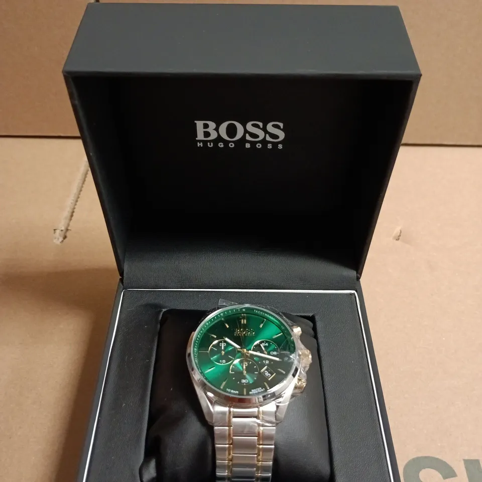 BOXED HUGO BOSS MEN'S CHRONOGRAPH WATCH - GREEN DIAL, STAINLESS STEEL BRACELET