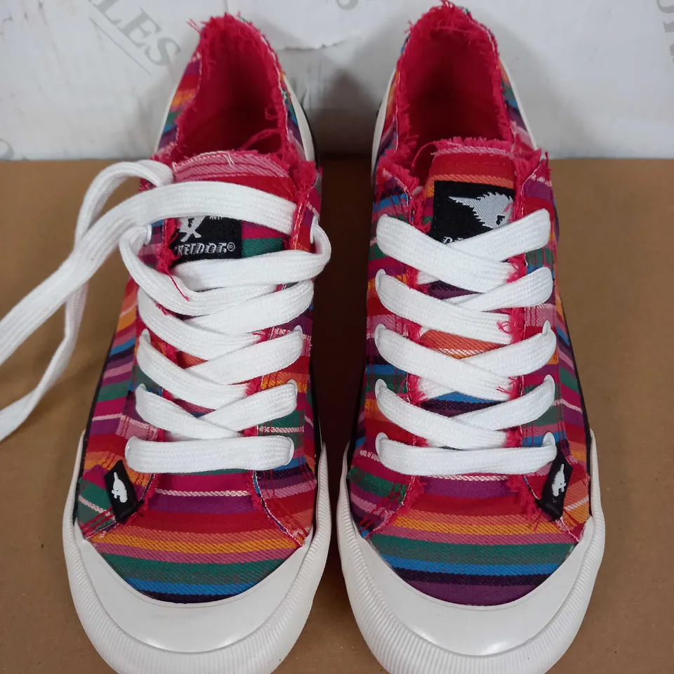 BOXED PAIR OF ROCKED GOD TRAINERS (RAINBOW), SIZE 6 UK