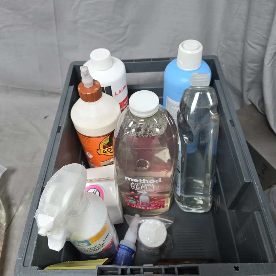 TOTE OF APPROXIMATELY 11 ASSORTED LIQUIDS TO INCLUDE: REED DIFFUSER AND ANTI BAC CLEANER 