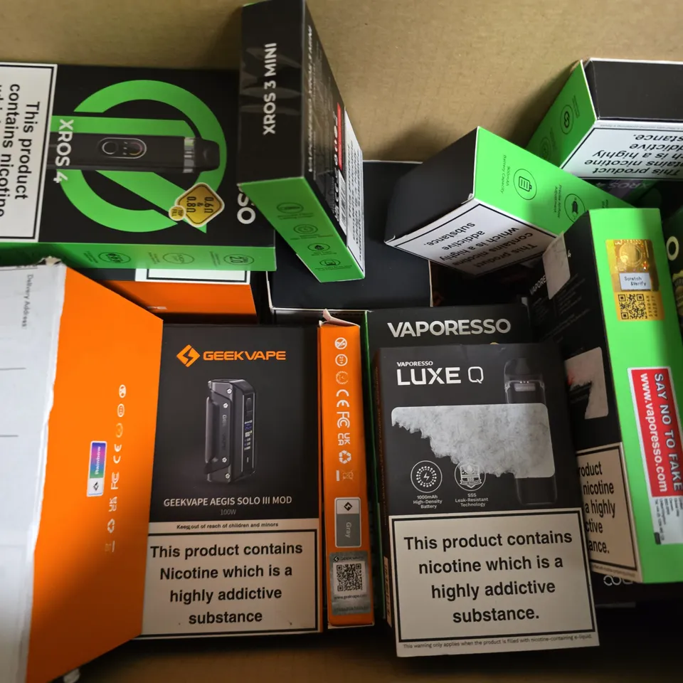 BOX OF APPROXIMATELY 20 ASSORTED E-CIGARETTE AND VAPING PRODUCTS TO INCLUDE VAPORESSO, UWELL, GEEKVAPE, ETC - COLLECTION ONLY