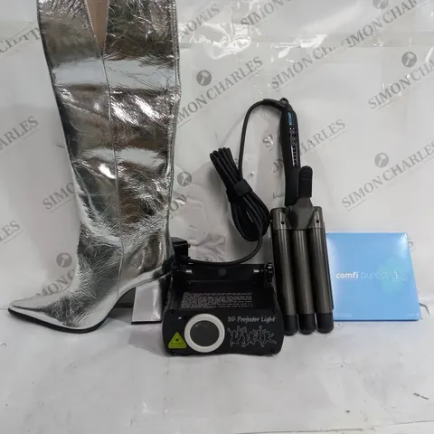 BOX OF APPROX 8 ASSORTED ITEMS TO INCLUDE - 3D PROJECTOR LIGHT - REVAMP HAIR CURLER - COMFI PUREST 1 30 CONTACT LENS ECT