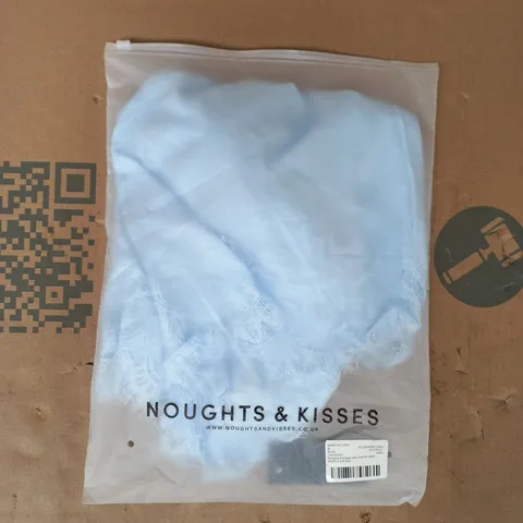 BAGGED NOUGHTS & KISSES SATIN LACE TIE WAIST SHORTS IN SOFT BLUE SIZE MEDIUM