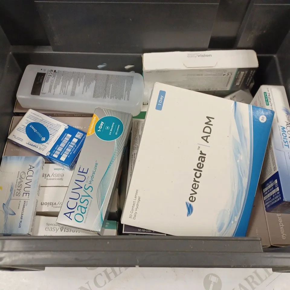 BOX TO CONTAIN APPROX. 30 X ASSORTED VISION CARE & ANTI-SMOKING PRODUCTS. INCLUDES CONTACT LENSES & CLEANING SOLUTION, NICORETTE ANTI-SMOKING PRODUCTS ETC - COLLECTION ONLY