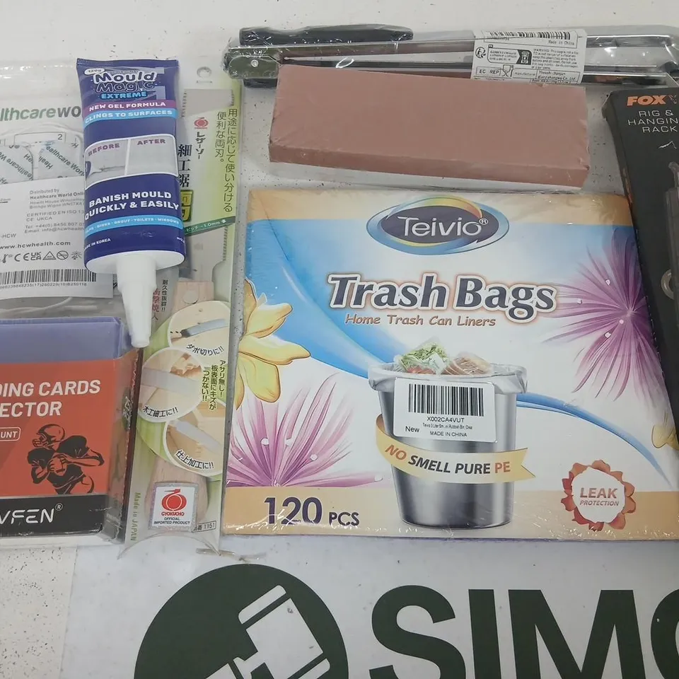 MIXED HOUSEHOLD CONSUMABLES & SMALL ITEMS LOT TO INLCUDE; TRASH BAGS, STRING LIGHTS AND TRADING CARD PROTECTORS