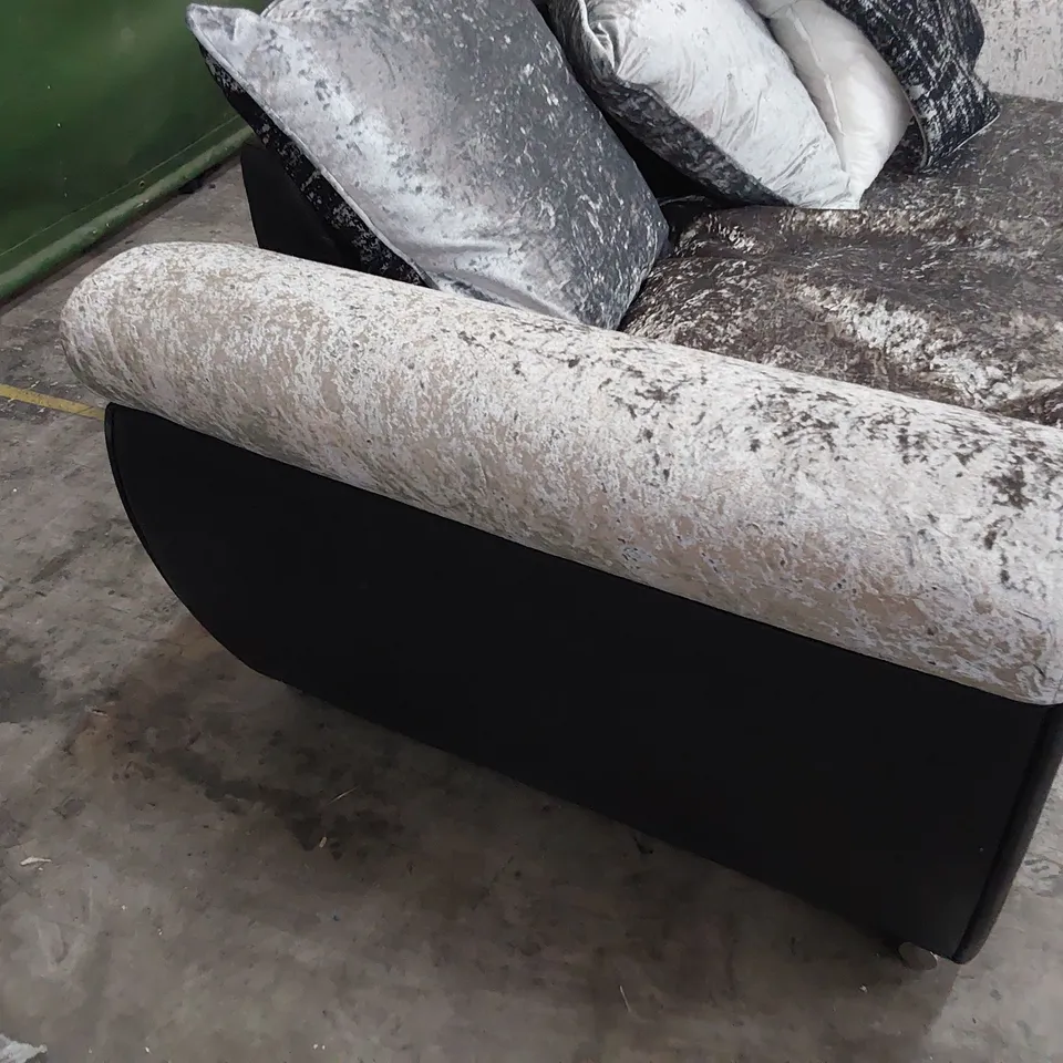 DESIGNER THREE SEATER SOFA BLACK FAUX LEATHER & CRUSHED SILVER VELVET 