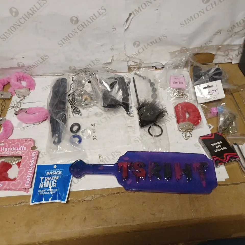 LOT OF APPROXIMATELY 15 ADULT TOYS TO INCLUDE SLAPERS, WHIP, AND FOR YOUR EYES ONLY BOOK ETC. 