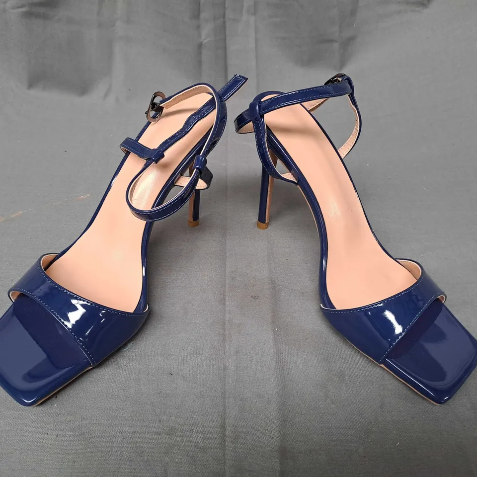 BOXED PAIR OF DESIGNER OPEN TOE HIGH HEEL SANDALS IN BLUE EU SIZE 36