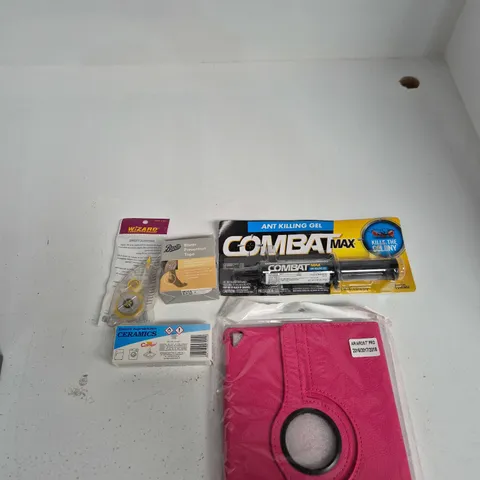 TOTE OF APPROXIMATELY 10 ASSORTED ITEMS INCLUDING AN IPAD AIR CASE, ANT KILLING GEL COMBAT MAX AND BOOTS BLISTER PREVENTION TAPE