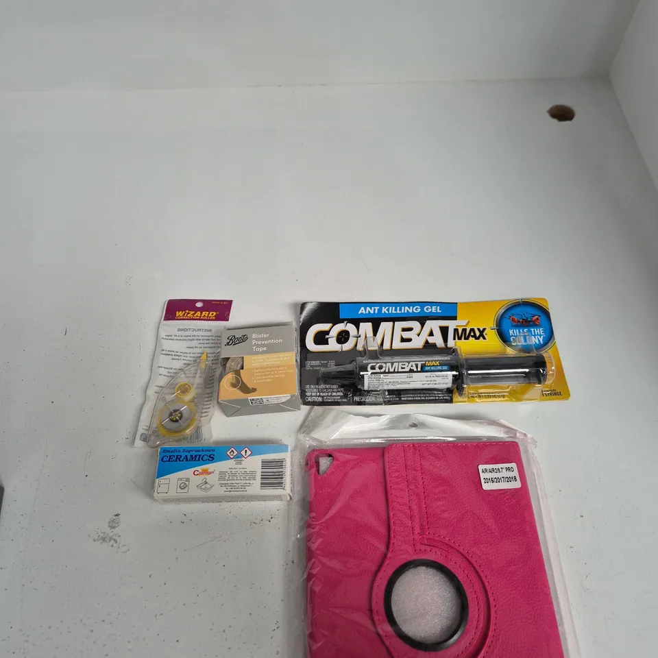 TOTE OF APPROXIMATELY 10 ASSORTED ITEMS INCLUDING AN IPAD AIR CASE, ANT KILLING GEL COMBAT MAX AND BOOTS BLISTER PREVENTION TAPE
