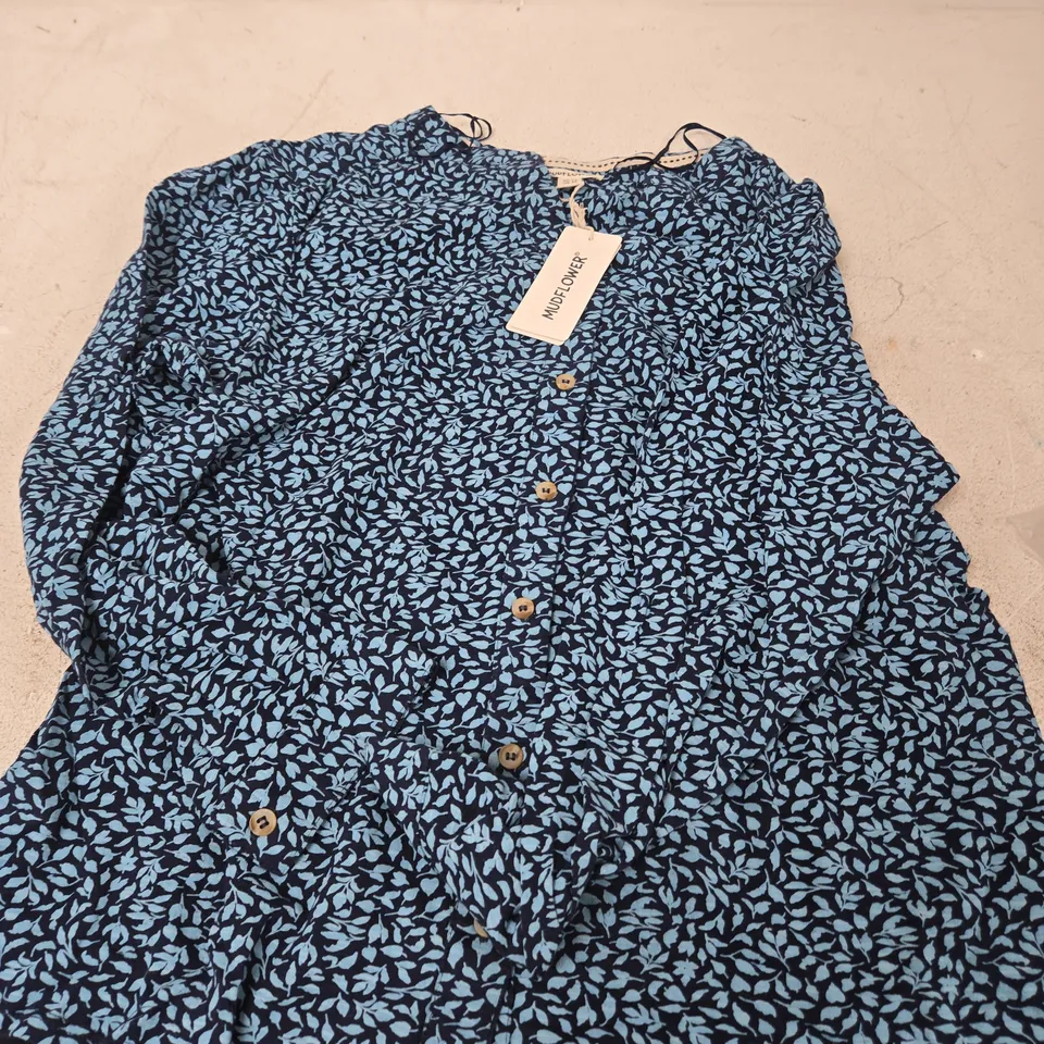 MUDFLOWER WOMEN'S BLUE LEAF PRINT LONG-SLEEVE BUTTON-FRONT BLOUSE – UK 16 